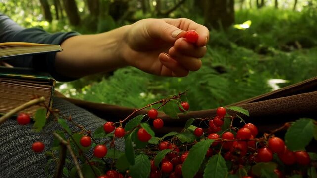 Hand reaches into a leafy shrub to select and lift a small bright red berry, surrounded by clusters of similar fruit in a shaded green woodland setting beside an open book