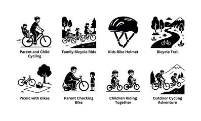 Fototapeta premium Family Bike Activity. Filled icon set of Family Bike Activity: parent and child cycling, family bicycle ride, kids bike helmet, bicycle trail, picnic with bikes, parent checking bike, children riding