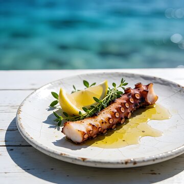 Grilled Octopus with Lemon at Greek Seaside Taverna