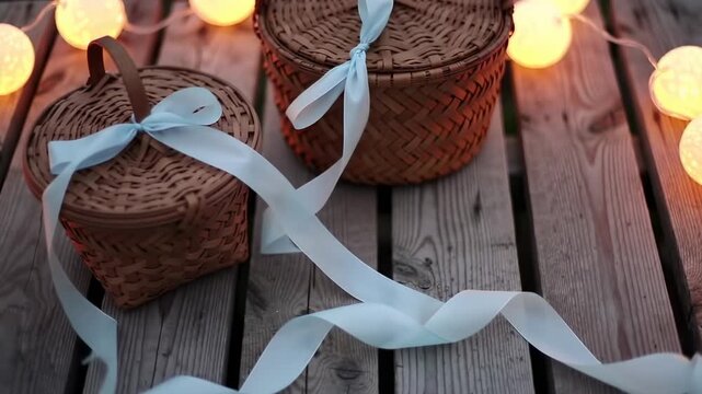Two Woven Baskets with Blue Ribbons and String Lights on Wooden Surface.