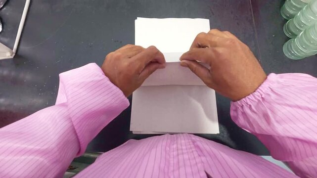 Worker in pink protective shirt folding white paper sheets at dark workstation