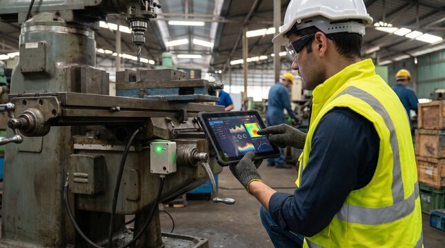 Engineer uses tablet to monitor industrial machinery with predictive maintenance data