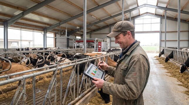 Farmer uses tablet to monitor cows and farm data in modern barn