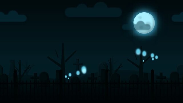Spooky night graveyard animation with glowing spirits and full moon Silhouette cemetery background