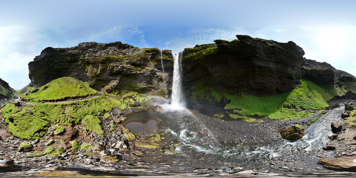 Aerial view of a waterfall cascading over lush green cliffs into a rocky stream with a faint rainbow in Iceland.