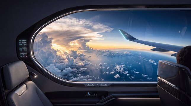 View Through Futuristic Airplane Window Over Clouds at Sunset