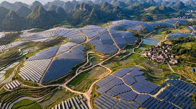Aerial View of Large Solar Farm on Mountain Terraces