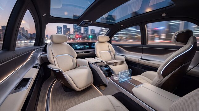 Futuristic Autonomous Car Interior with Luxury Swivel Seats