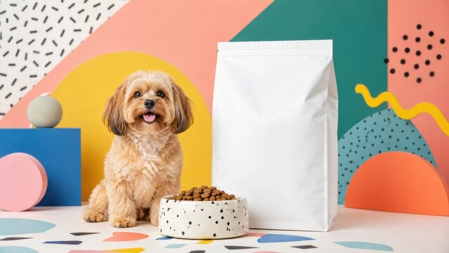 happy cavapoo dog looking at camera beside bowl of dry kibble and blank white pet food bag on colorful geometric background
