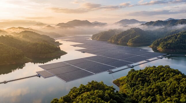 Aerial View of Floating Solar Farm on Reservoir at Sunrise
