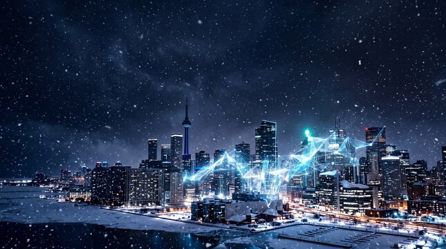 Smart City Digital Network Overlay Over Winter Skyline at Night