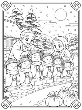 Coloring page of a Japanese folk tale elderly couple placing straw hats on six roadside stone guardian statues in the snow