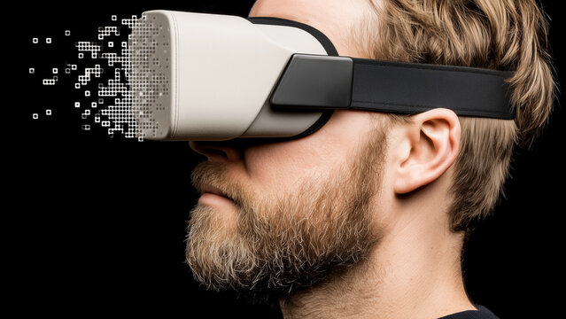 Side profile of bearded man wearing VR headset dissolving into digital pixels on black background, concept of virtual reality and metaverse.