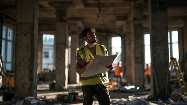 Male Architect Inspecting Construction Site with Blueprints