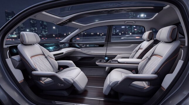 Futuristic Luxury Autonomous Electric Vehicle Interior at Night