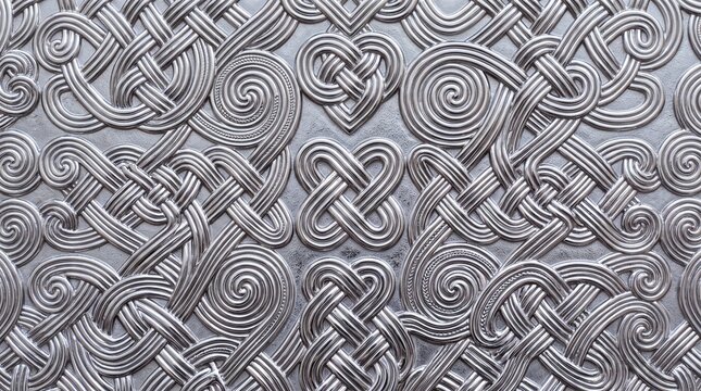 Ornate Silver Celtic Knot Pattern Embossed on Metal Surface