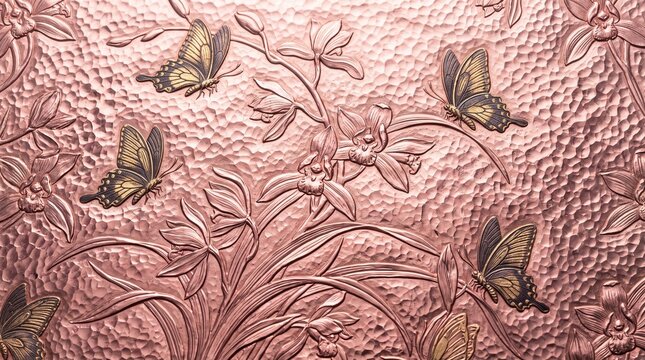 Embossed Copper Floral Relief with Butterflies Background