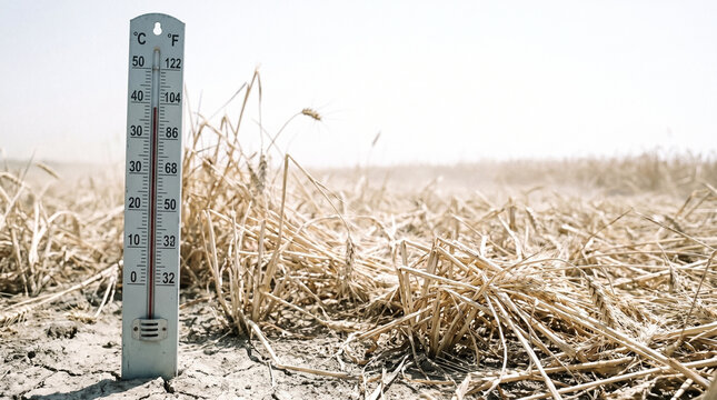 Thermometer in parched soil beside a scorched cereal field in a heatwave