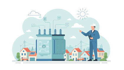 Fototapeta premium Electrical technician pointing at a transformer station integrated with a smart grid for houses equipped with solar energy panels.
