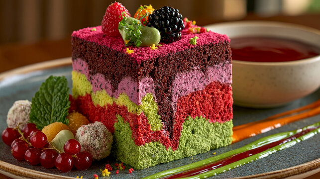 Layered rainbow sponge cake slice served with fresh raspberries blackberries and red currants