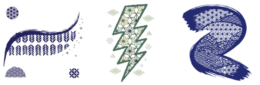 Abstract geometric lightning bolt and wave patterns with mandala symbols