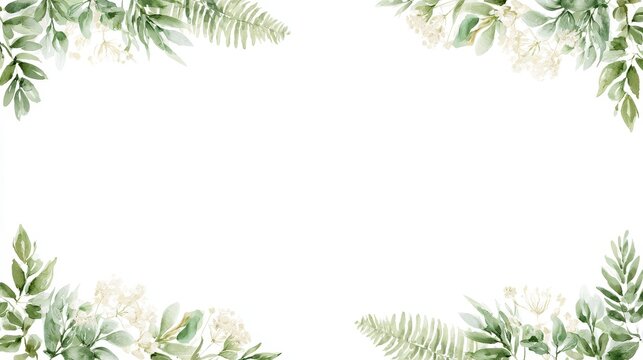 Watercolor greenery frame with fern leaves and white flowers, botanical border illustration isolated on white background