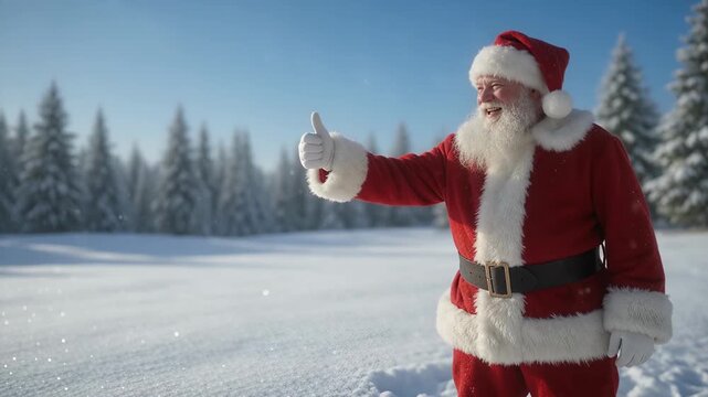 Holiday - European elderly male Santa Claus giving a thumbs up gesture standing in a snowy winter landscape with pine trees