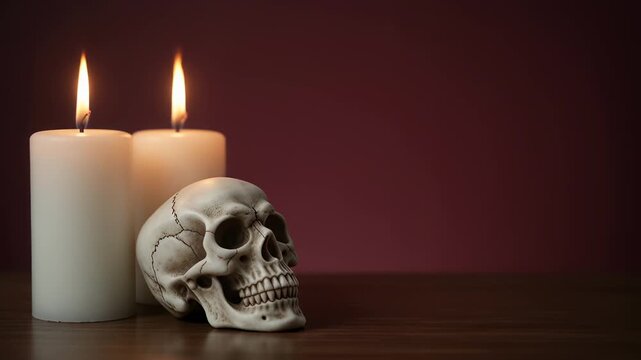 Holiday - Human skull and two burning white candles on a wooden table against a dark red background for Halloween celebration