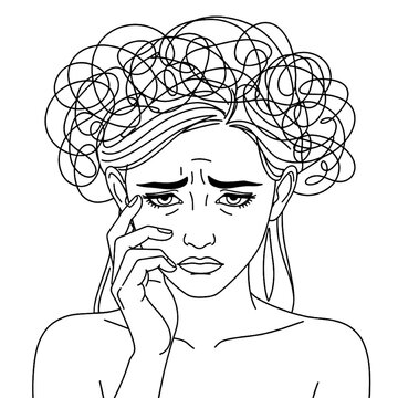 Depressed Woman Surrounded by Messy Thought Lines &ndash; Mental Health and Emotional Struggle Vector