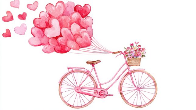 Watercolor illustration of a vintage pink bicycle with a basket full of colorful flowers and a large bunch of floating pink hearts, isolated on white background