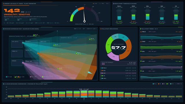 A dark-mode Remotion React dashboard for monitoring air quality and emissions in a manufacturing plant, featuring vibrant colors and animated data visualizations.