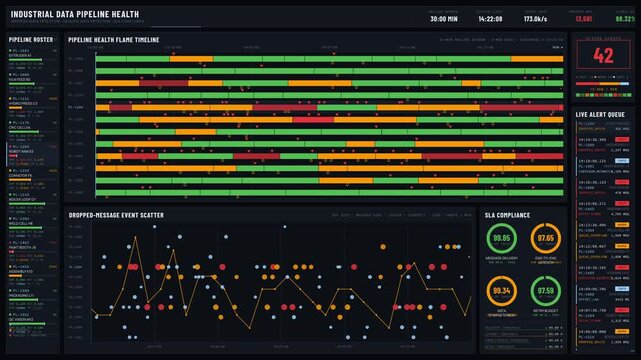 Experience a detailed dark-mode industrial data pipeline health dashboard showcasing dropped and delayed data flagging with real-time alert monitoring and SLA compliance metrics.