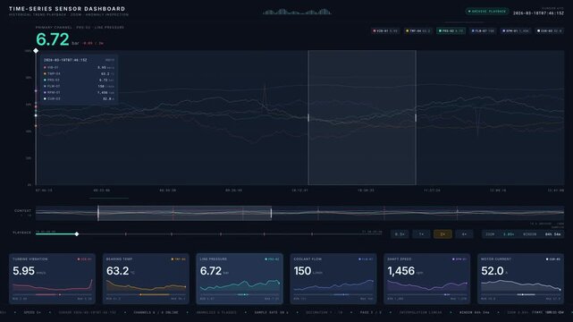 A dark-mode industrial sensor dashboard showcasing historical trend playback with zoom functionality, featuring colorful time-series graphs and anomaly detection callouts.