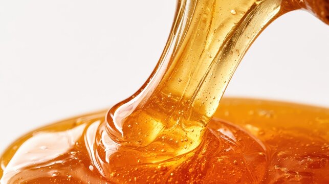 Closeup of golden honey pouring from a dipper into a bowl, creating a rich, viscous texture with small air bubbles, isolated on white background
