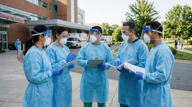 Healthcare Professionals In Full Protective Gear Discussing Medical Briefings Outdoors