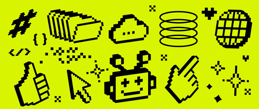 Retro pixel technology icon set with robot, globe, cloud, folders, cursor, code, database and file transfer elements for web development, software, tech and digital interfaces