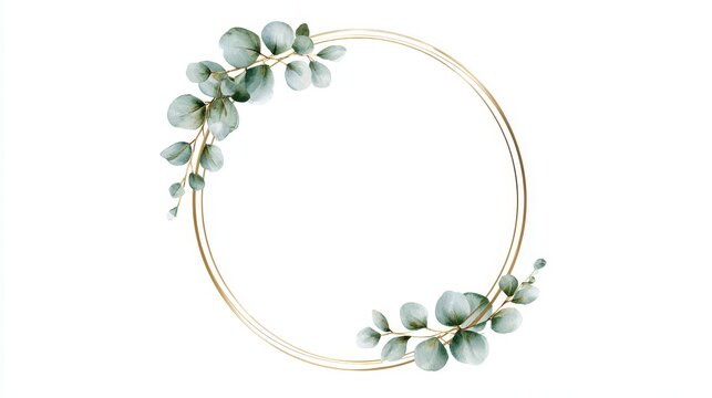 Elegant circular golden frame decorated with watercolor eucalyptus leaves, isolated on white background