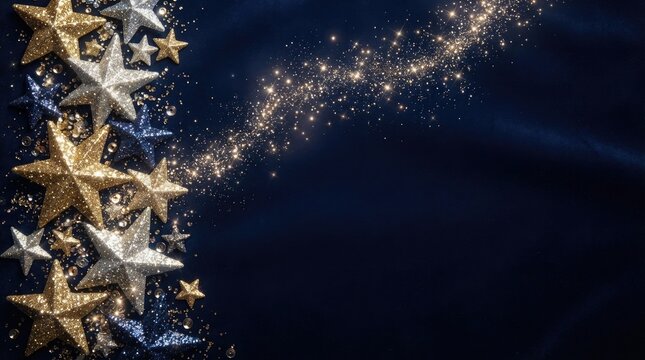 Festive background with golden and silver stars on dark blue velvet fabric with sparkling glitter trail