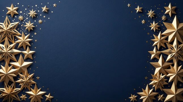 Festive background with golden 3d stars arranged on the sides of a dark blue textured surface, perfect for holiday greeting cards, invitations, and seasonal banners with copy space in the center