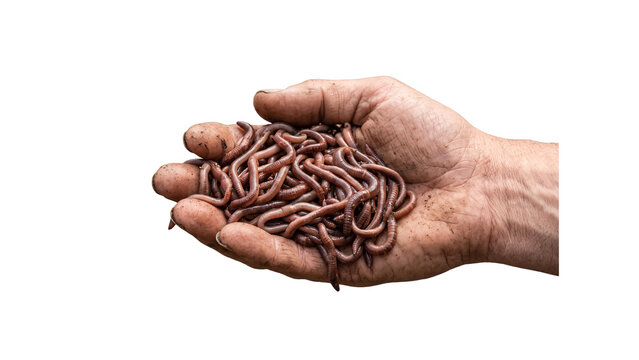 Earthworms wriggling in a dirty hand of a gardener, isolated on a transparent background, highlighting their slimy texture and reddish-brown color suitable for vermicomposting.