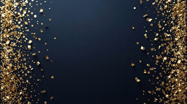 Festive golden confetti falling on a dark blue background, creating a celebratory frame with empty space in the center for text or design elements