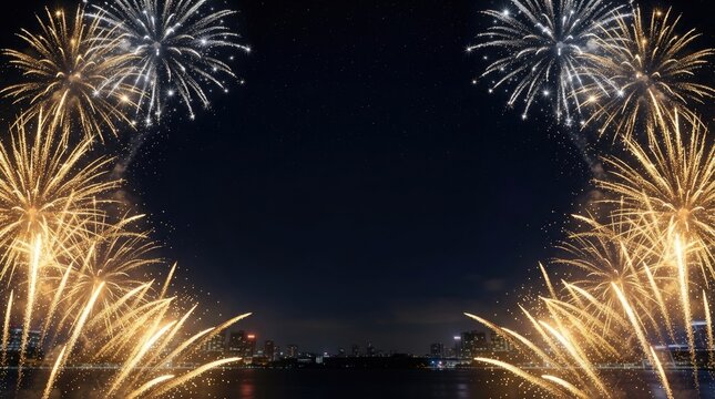 Beautiful fireworks lighting up the night sky over a cityscape with space for your text