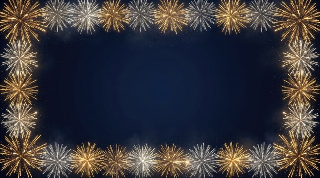 Festive celebration frame with golden and silver fireworks on dark blue background, perfect for new year or holidays design