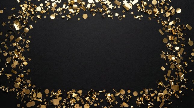 Festive gold confetti border on a black background, top view with copy space for celebration, party, birthday, or holiday greeting card design