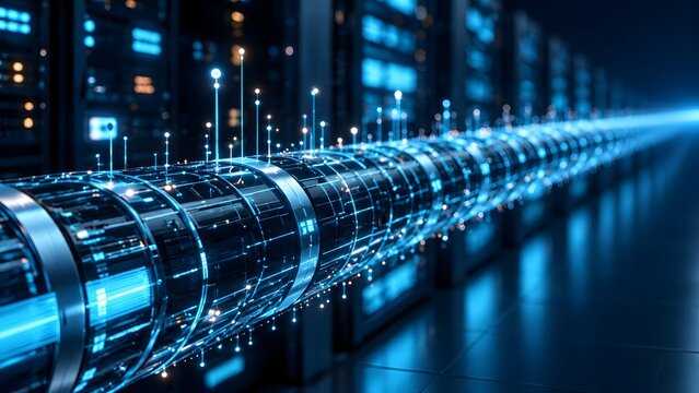 Abstract data stream in server room with glowing lights