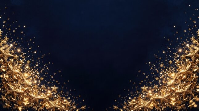 Festive dark blue background with decorative golden stars and sparkling glitter confetti border, elegant holiday celebration frame with copy space for text