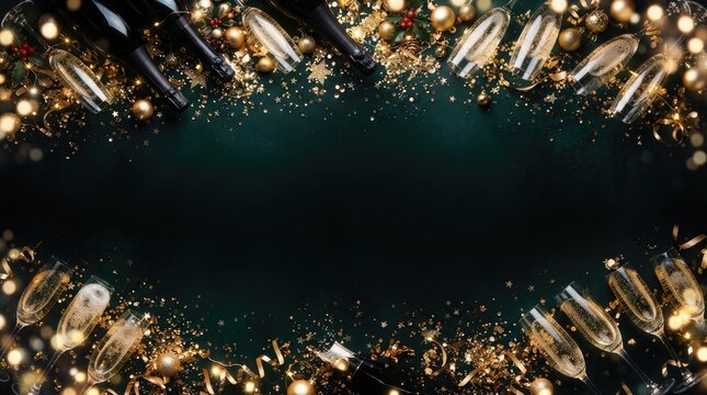 Festive new year background with champagne bottles and glasses, golden ornaments, and confetti on a dark green surface, top view with copy space for celebration greeting