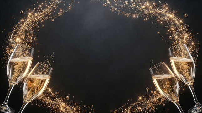 Celebratory champagne glasses with golden bubbles and festive sparkles on a dark background, perfect for new years eve, weddings, anniversaries, and luxury party invitations or greeting cards