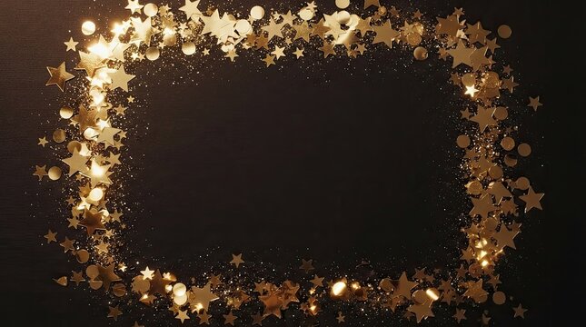 Frame made of gold starshaped confetti on a black background