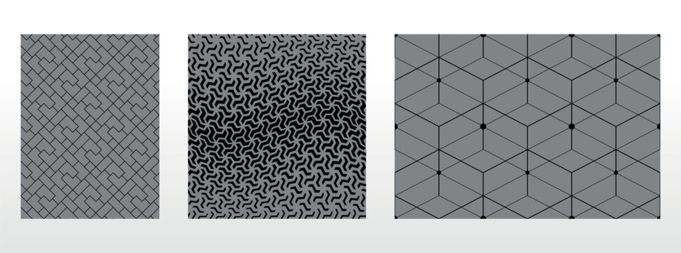 Geometric set of seamless black and gray patterns. Simple vector graphics